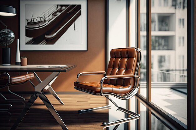 Uma cadeira de couro marrom em um escritório moderno cercado por cromo e vidro criado com IA generativa