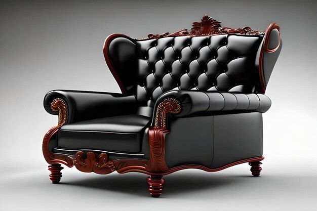Uma cadeira de couro preto com um encosto de couro vermelho e um design de rolagem na parte superior.