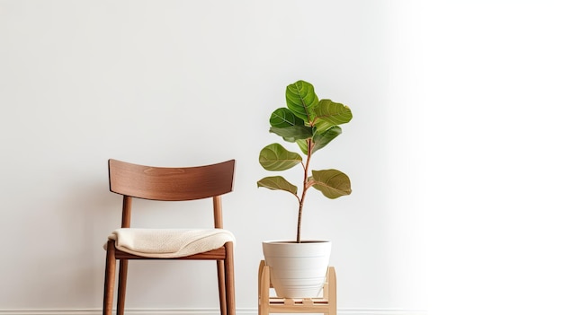 Uma cadeira de madeira e uma planta em um vaso branco