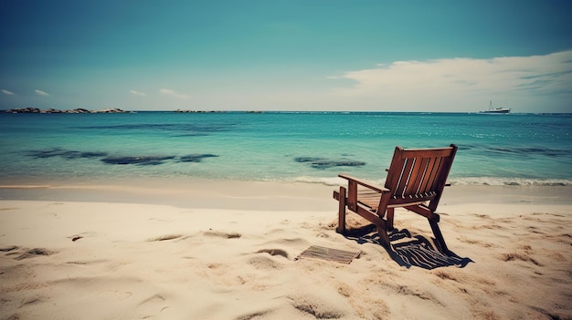 Uma cadeira de madeira em uma praia com o mar ao fundo.