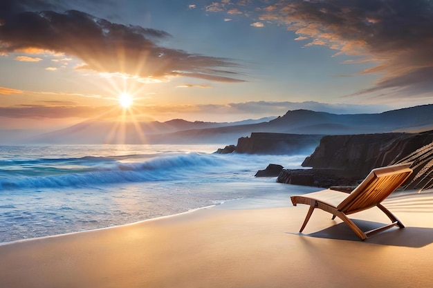 Uma cadeira de praia com o sol se pondo atrás dela