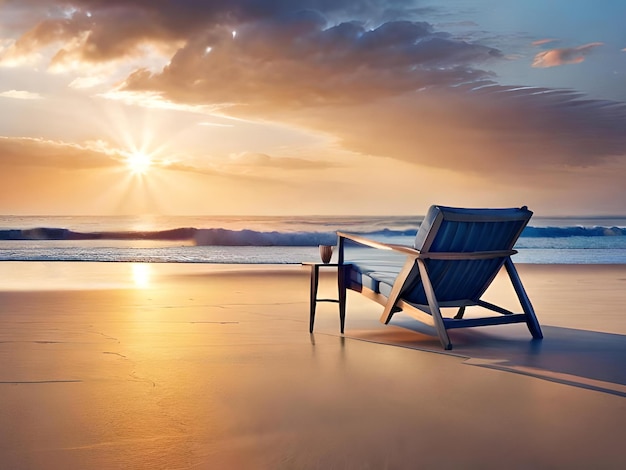 Uma cadeira de praia com uma taça de vinho fica na areia.