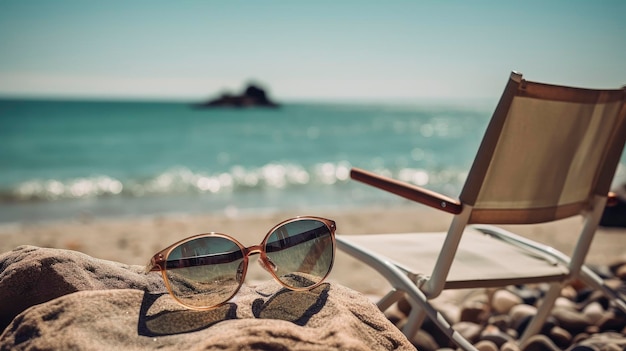 Foto uma cadeira de praia e óculos de sol na praia