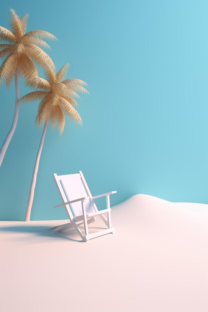Uma cadeira de praia em uma praia com palmeiras ao fundo.