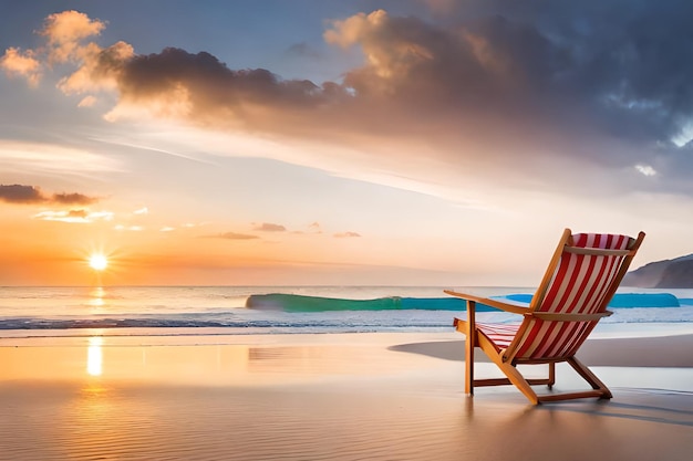 Uma cadeira de praia em uma praia com uma onda rolando atrás dela.