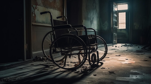 Uma cadeira de rodas em um quarto escuro com a palavra hospital no canto inferior esquerdo.