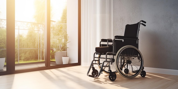 Uma cadeira de rodas em uma sala com uma janela e uma porta.