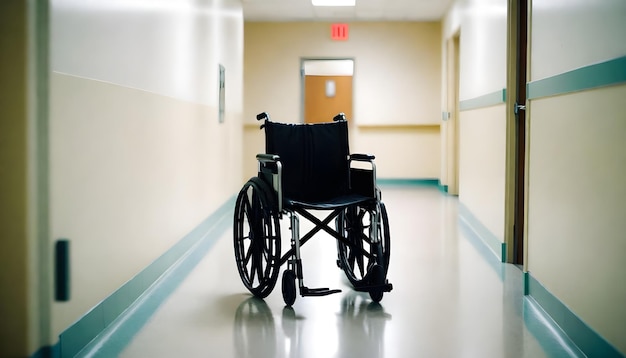 Foto uma cadeira de rodas está em um corredor do hospital com um sinal de saída acima dela