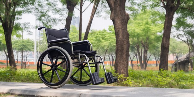 Uma cadeira de rodas está estacionada em um parque.