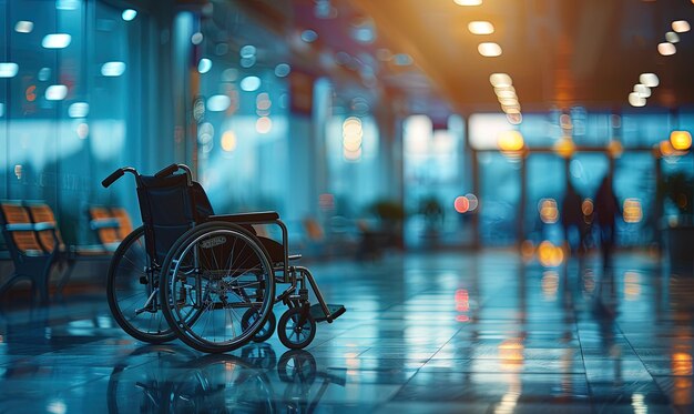 Foto uma cadeira de rodas sozinha num corredor escuro de um hospital.