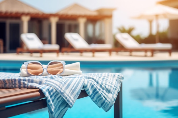 Uma cadeira de sol moderna com óculos de sol à beira da piscina num resort de luxo, umas férias de verão serenas.