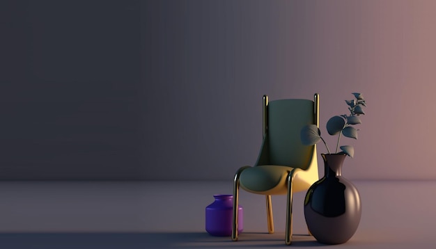 Uma cadeira e um vaso com uma planta