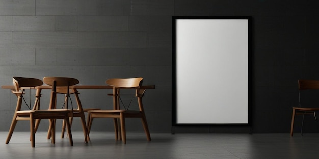 uma cadeira e uma mesa na frente de uma parede com uma moldura branca