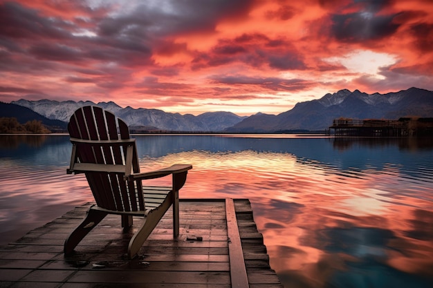 Foto uma cadeira em uma doca com vista para um lago calmo com o sol a pôr-se atrás das montanhas