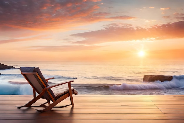 Uma cadeira em uma praia com o sol se pondo atrás dela