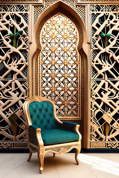 Uma cadeira em uma sala com uma cadeira dourada e verde.