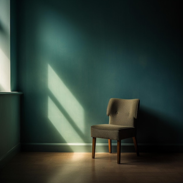 uma cadeira em uma sala com uma parede verde e uma janela