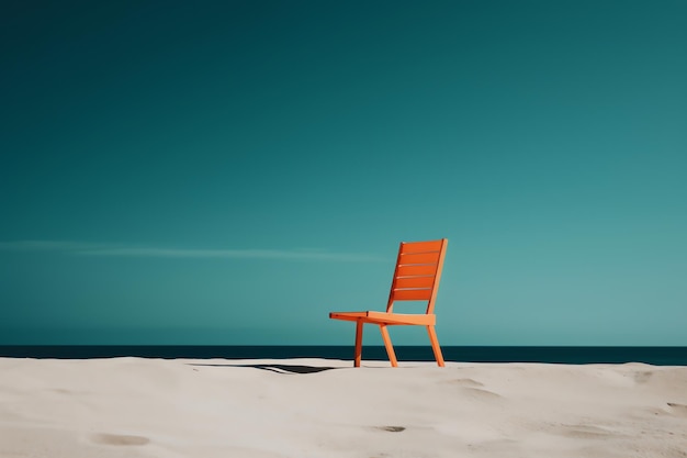 Uma cadeira na praia está na areia e o céu é azul.