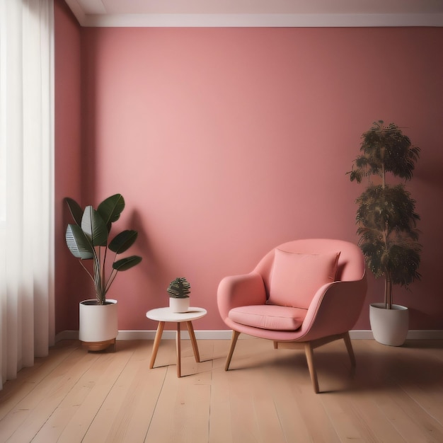 Uma cadeira rosa e uma mesa numa sala com uma planta em vaso