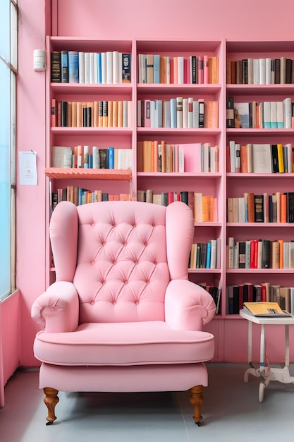 Uma cadeira rosa está em uma sala com estantes e uma estante de livros.