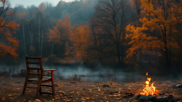 Uma cadeira senta-se ao lado de uma fogueira na floresta