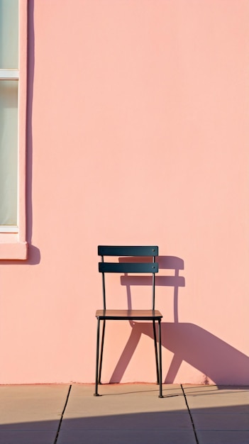 uma cadeira sentada em frente a uma parede rosa