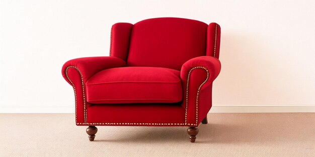 Uma cadeira vermelha com detalhes dourados e detalhes dourados fica encostada em uma parede branca.