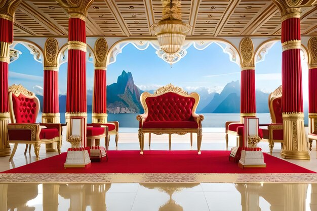 Uma cadeira vermelha com um assento dourado e vermelho senta-se em uma sala com montanhas ao fundo.