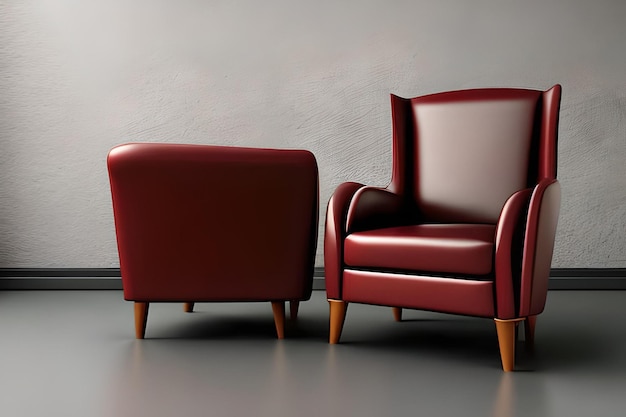 Uma cadeira vermelha e uma cadeira marrom estão em uma sala.