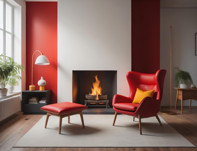 Uma cadeira vermelha em frente a uma lareira com uma lareira e uma lâmpada.