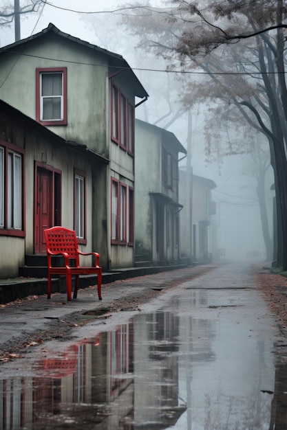 Uma cadeira vermelha sentada na beira de uma estrada ai