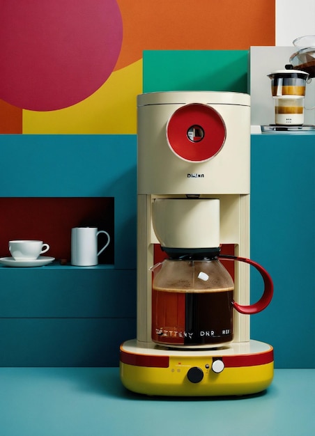 Uma cafeteira surrealista projetada por Dieter Rams Produto ad retro Desenho colorido e impressionante