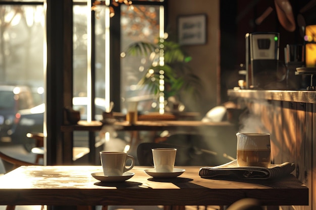 Uma cafeteria aconchegante com canecas de expresso a vapor.