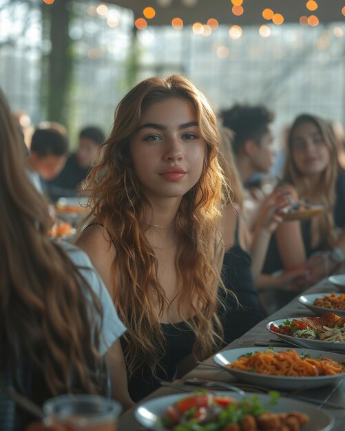 Uma cafeteria com estudantes sentados em um fundo longo