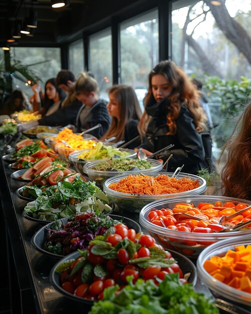 Uma cafeteria com um bar de saladas