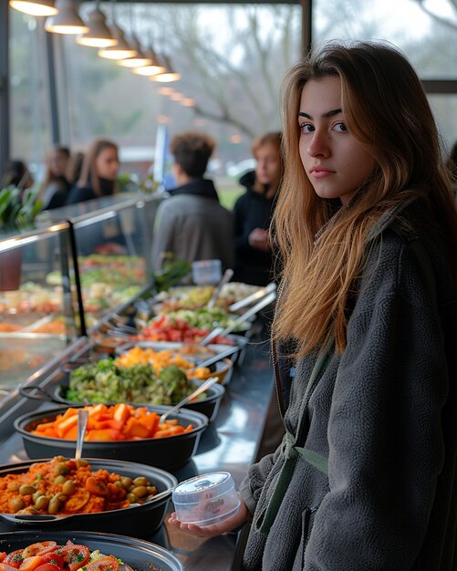 Uma cafeteria com um buffet de almoço de fundo