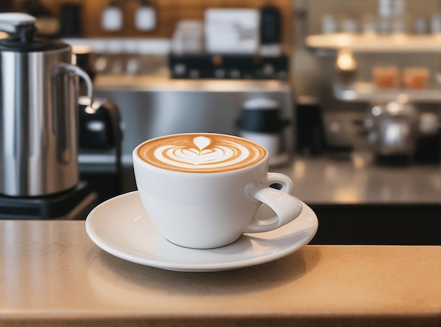 Uma cafeteria com um café com leite no balcão com uma deliciosa xícara de café