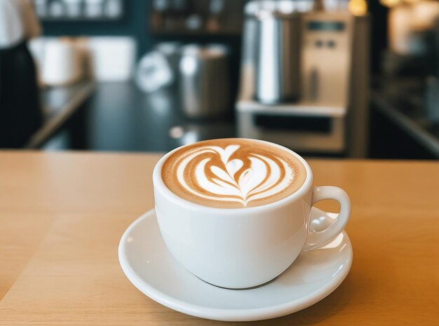 Uma cafeteria com um café com leite no balcão com uma deliciosa xícara de café