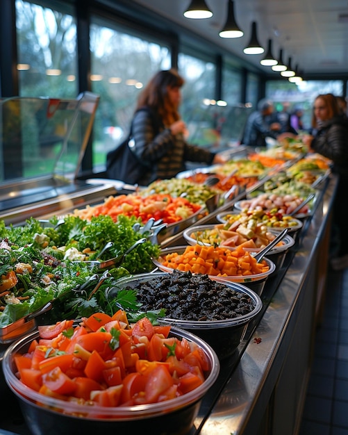 Uma cafeteria com um tapete de salada para estudantes