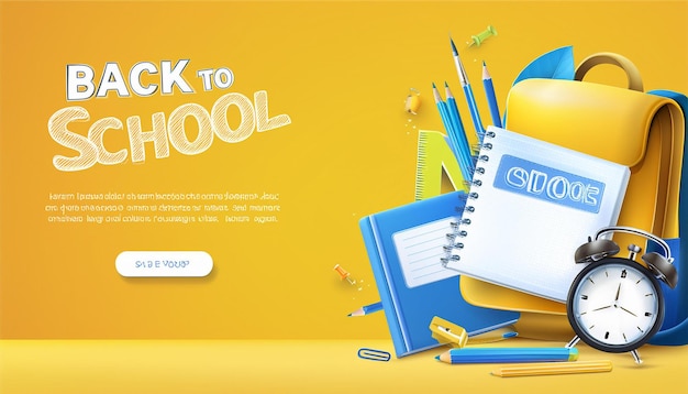 uma caixa amarela com um caderno azul que diz de volta à escola