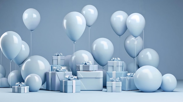 Uma caixa azul com balões e uma caixa de presente