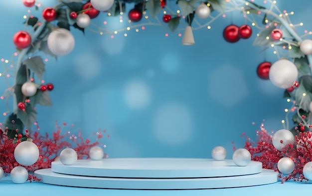 uma caixa azul com uma árvore de Natal e decorações nela
