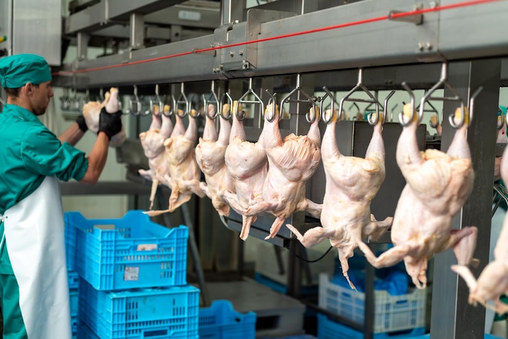 Foto uma caixa azul está sendo puxada para uma fábrica de frangos.