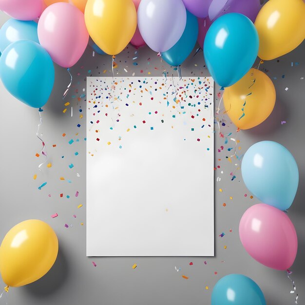 Foto uma caixa branca com balões coloridos e um quadro branco com uma imagem de um sinal que diz feliz aniversário