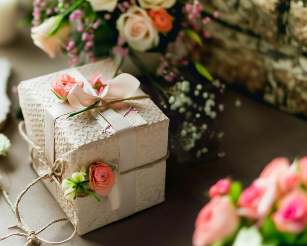 Foto uma caixa branca com flores cor-de-rosa e uma fita rosa