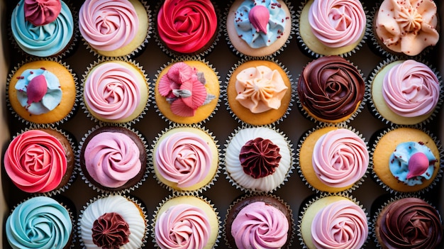 Uma caixa cheia de cupcakes de cores diferentes