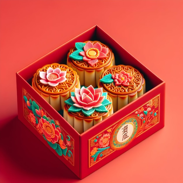 Uma caixa colorida de bolos de lua adornados com desenhos intrincados e cheios de pasta de sementes de lótus doce