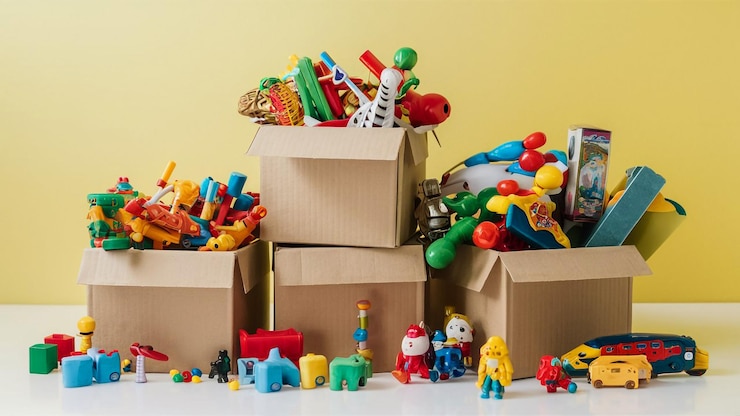Foto uma caixa com um monte de brinquedos, incluindo um que tem um monte de jogos diferentes nele