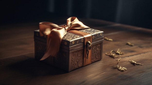 Uma caixa com uma fita dourada amarrada com um laço está sobre uma mesa.