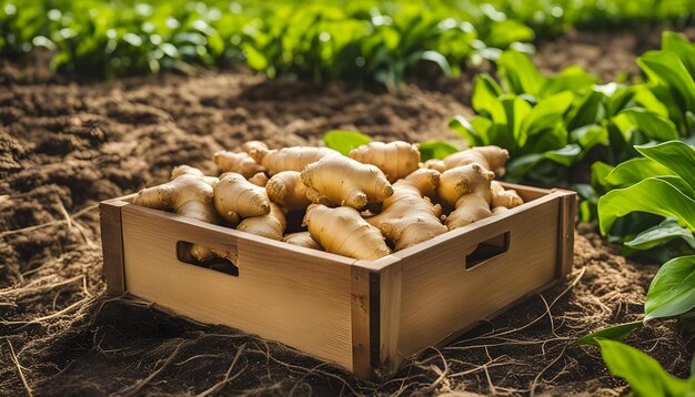 Foto uma caixa de batatas orgânicas com uma caixa de beterraba ao fundo